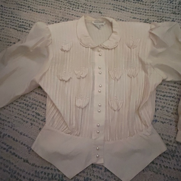 Vintage Simon Chang Silk Blouse Womens 6 Ivory Pintuck Romantic Top - Picture 2 of 6